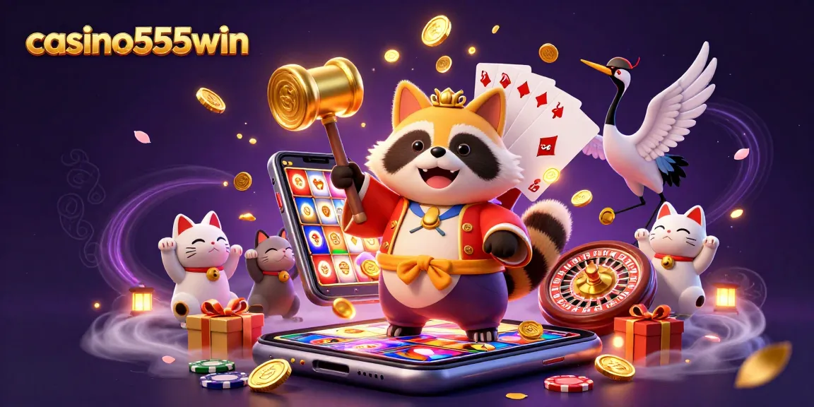 Engage with casino555win in this vibrant 3D digital illustration of a cheerful tanuki and gaming elements.