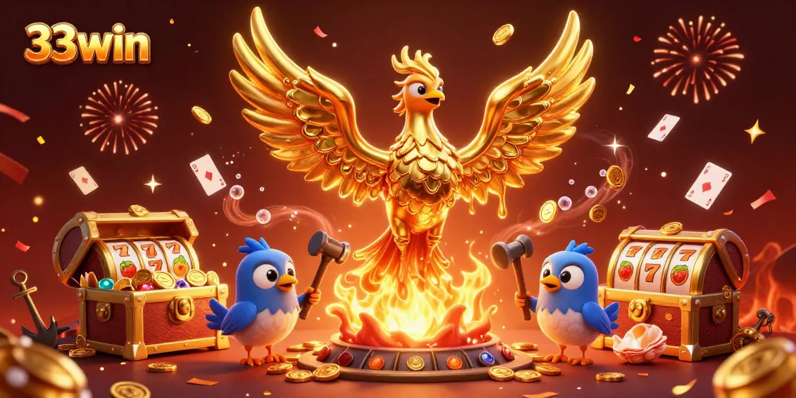 Discover dynamic gaming adventures with the 33win golden phoenix illustration showcasing casino elements.