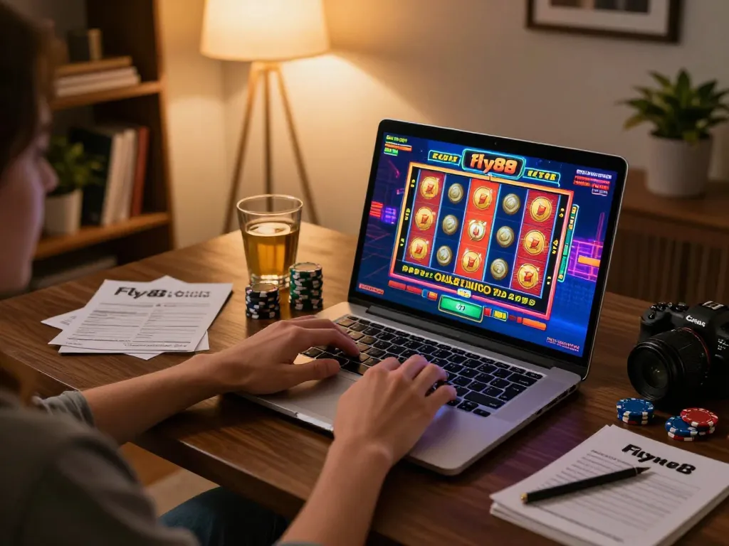 Engaged player at fly88 online casino spins vibrant slot reels on a laptop at home.
