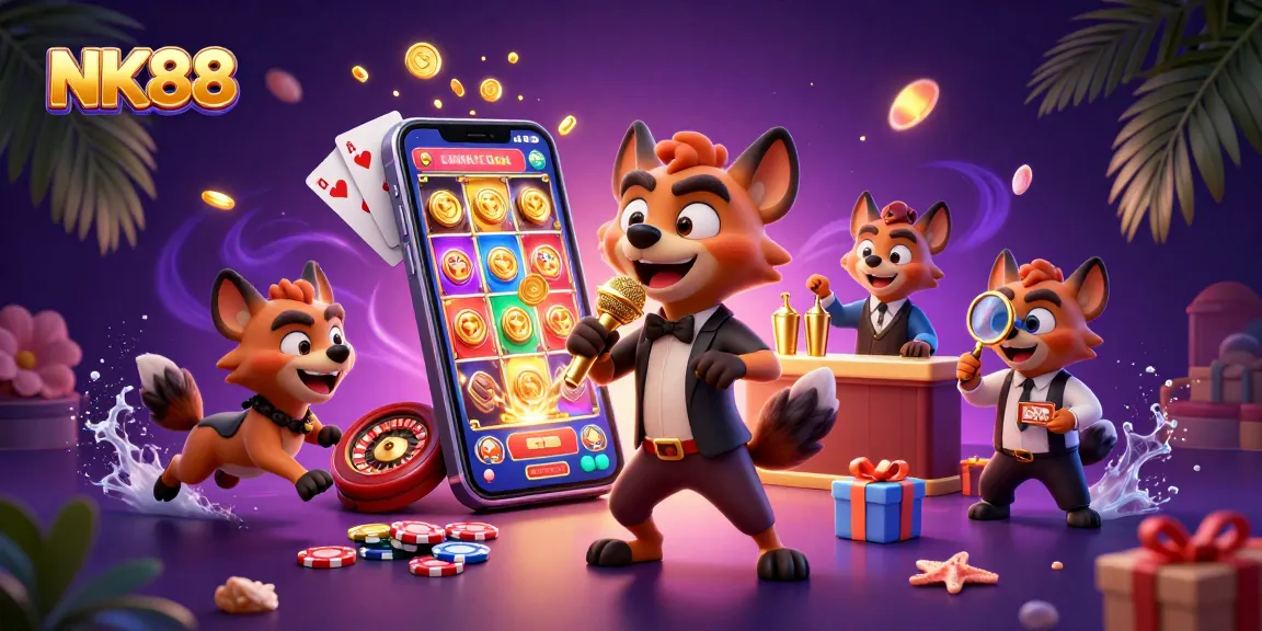 Watch the NK88 hyenas entertain guests at their vibrant casino with gold coins and joyful games.