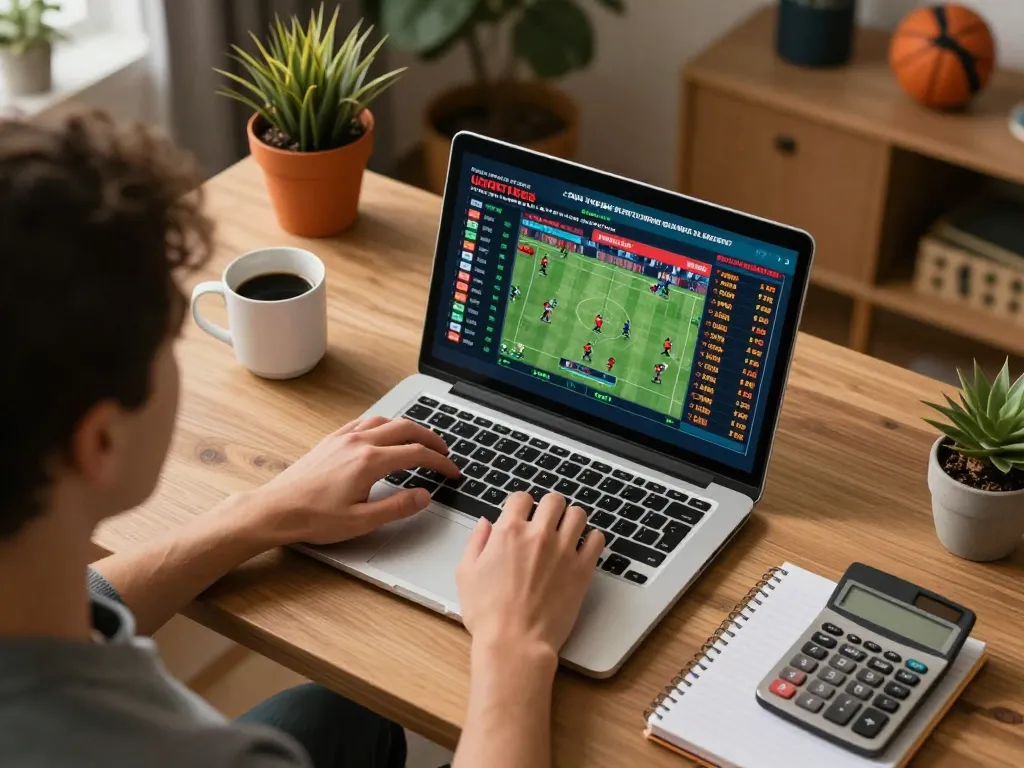 Tracking ผลบอล during an online sports betting session with a laptop interface