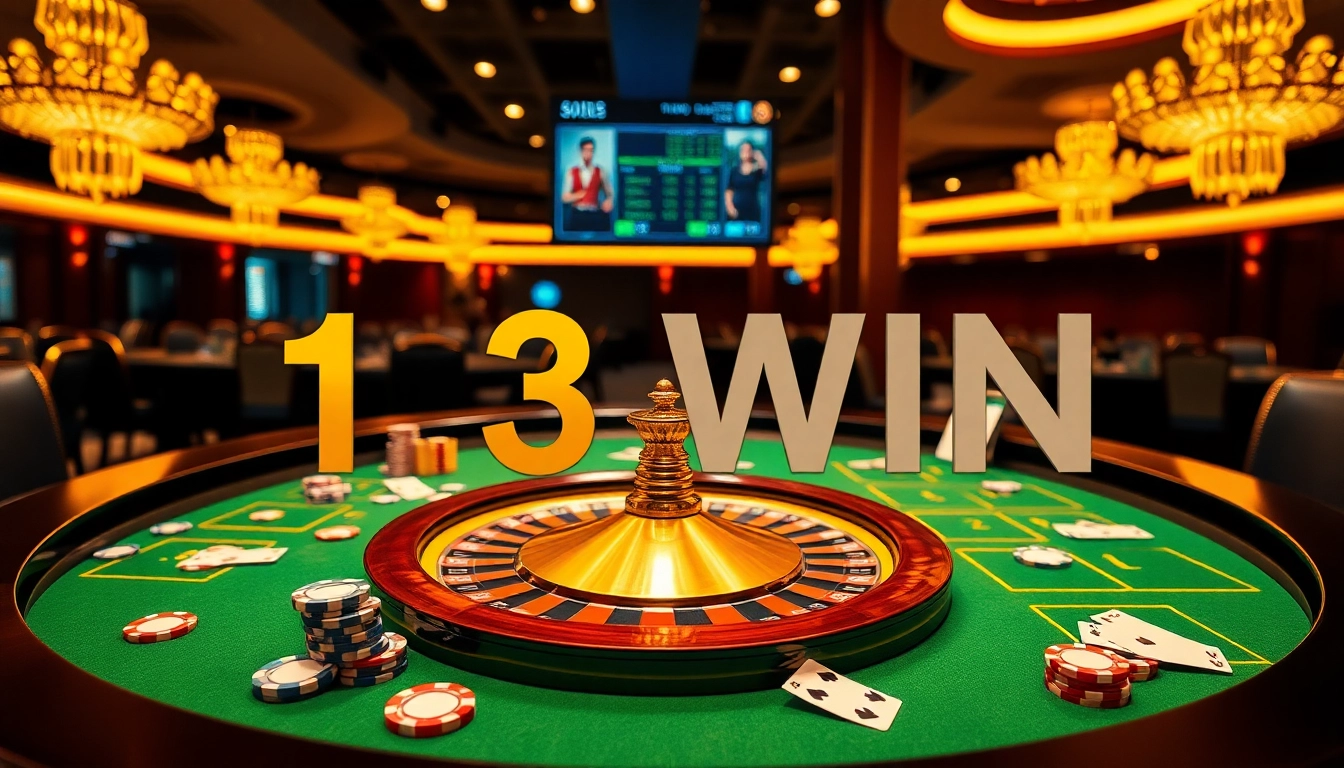 Place your bets at the luxurious 13WIN casino table filled with chips and cards.