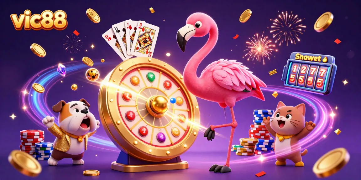 Win big at vic88 with vibrant casino characters celebrating among cascading coins and colorful prizes.