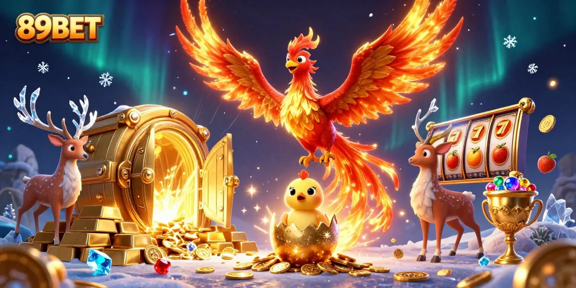 Engage with 89BET's exciting slots through a vibrant 3D casino illustration featuring mythical creatures.