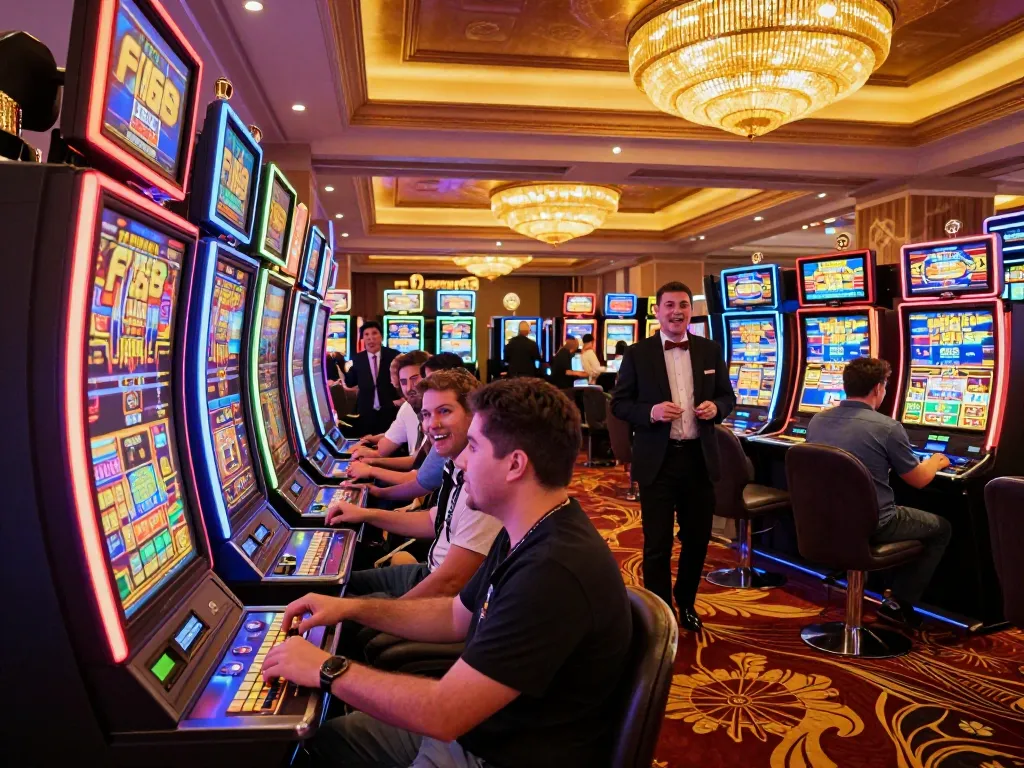 Players enjoying F168 slot machines in a vibrant casino setting with celebratory atmosphere.