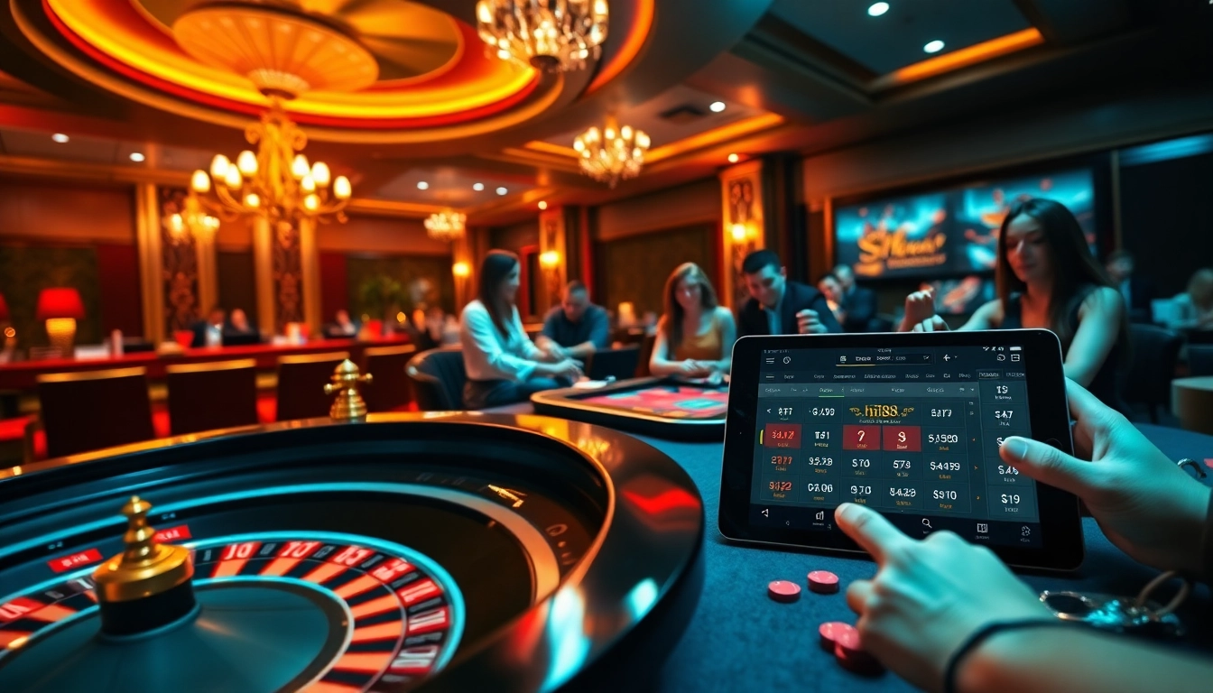 Hi88 players enjoying an exciting casino atmosphere with roulette and poker tables.
