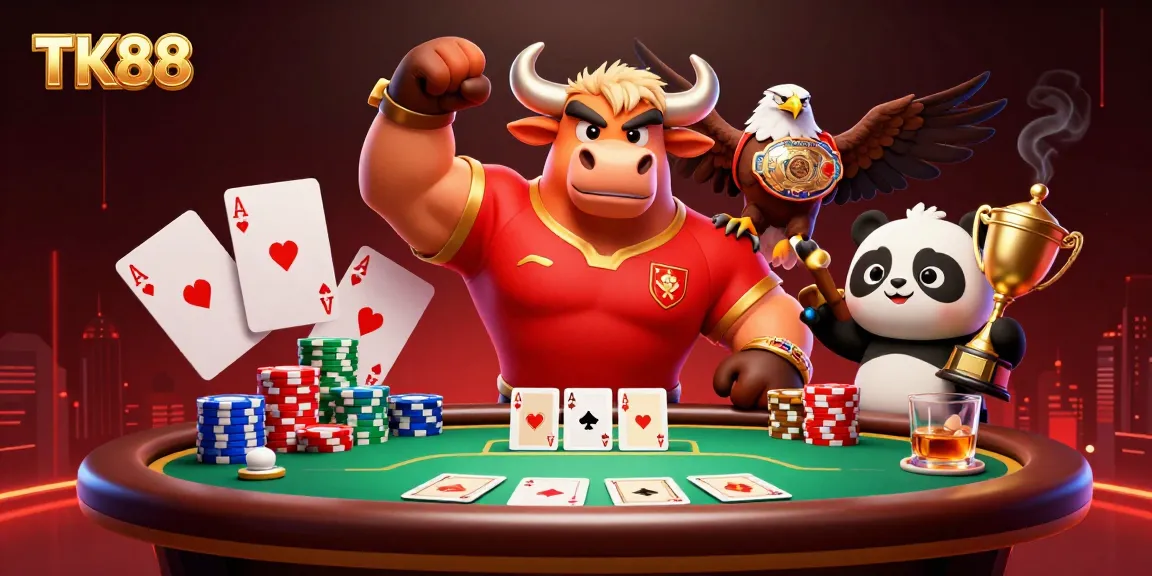 Engage with the thrilling TK88 casino world, featuring vibrant characters and exciting poker elements.