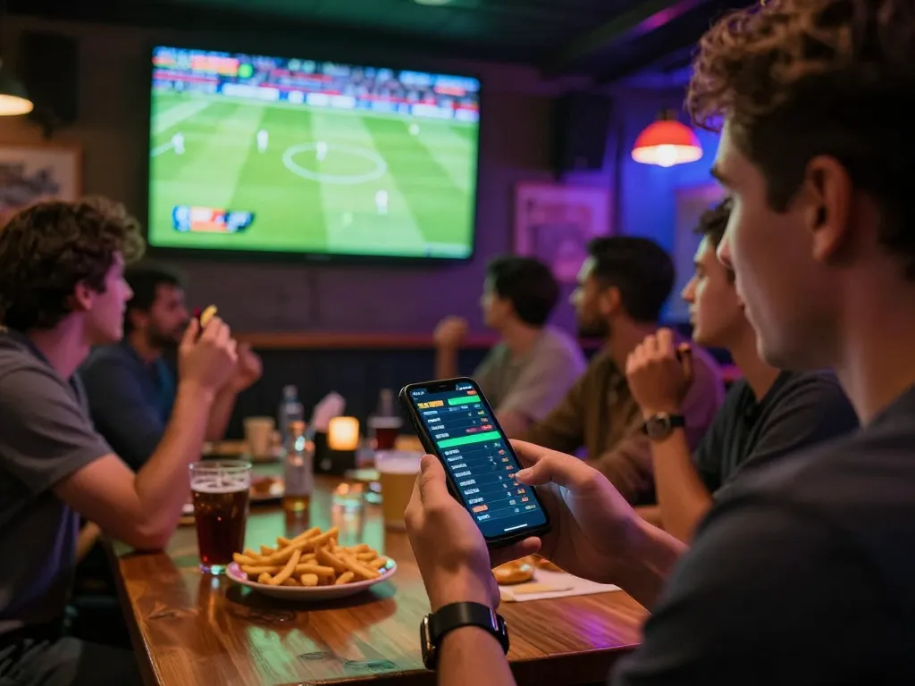 The excitement of placing tỷ lệ kèo nhà cái 5 bets during a live soccer match in a sports bar.