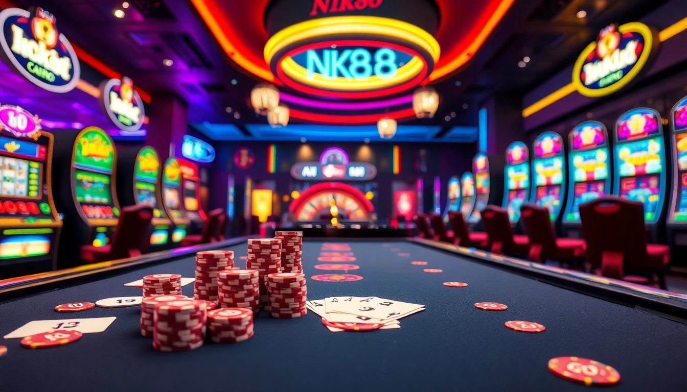 Experience the thrill of gambling at NK88 with vibrant casino tables and colorful chips.