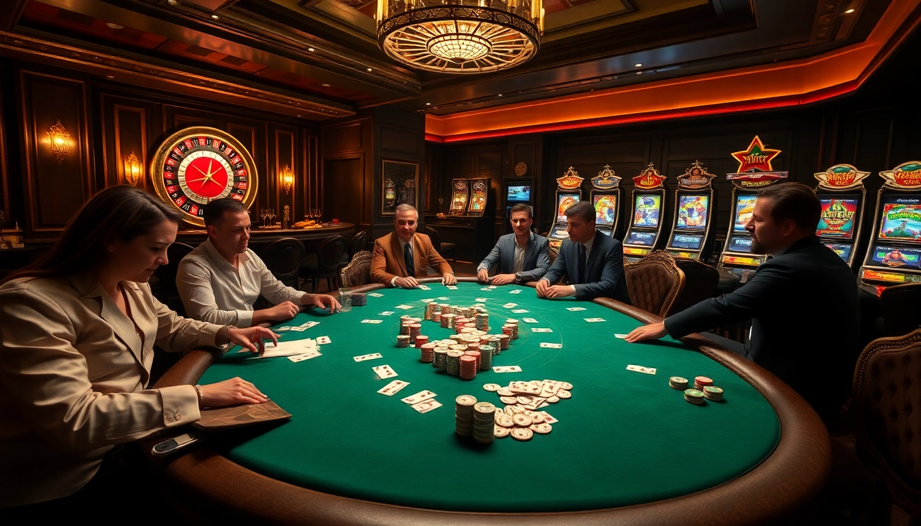 Gamblers enjoying a high-stakes game at HitClub online casino with decorations and excitement.