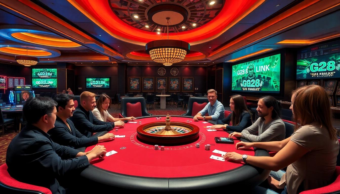 Experience high-stakes gaming at G28 LINK with vibrant poker tables and a luxurious casino atmosphere.