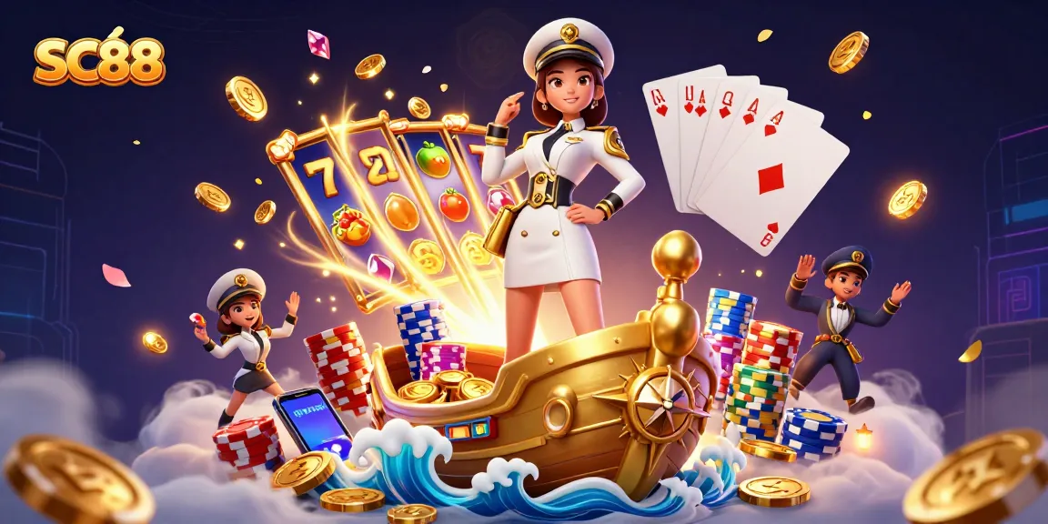 Experience the excitement of SC88 casino with vibrant slot machine reels and gold coins cascading.