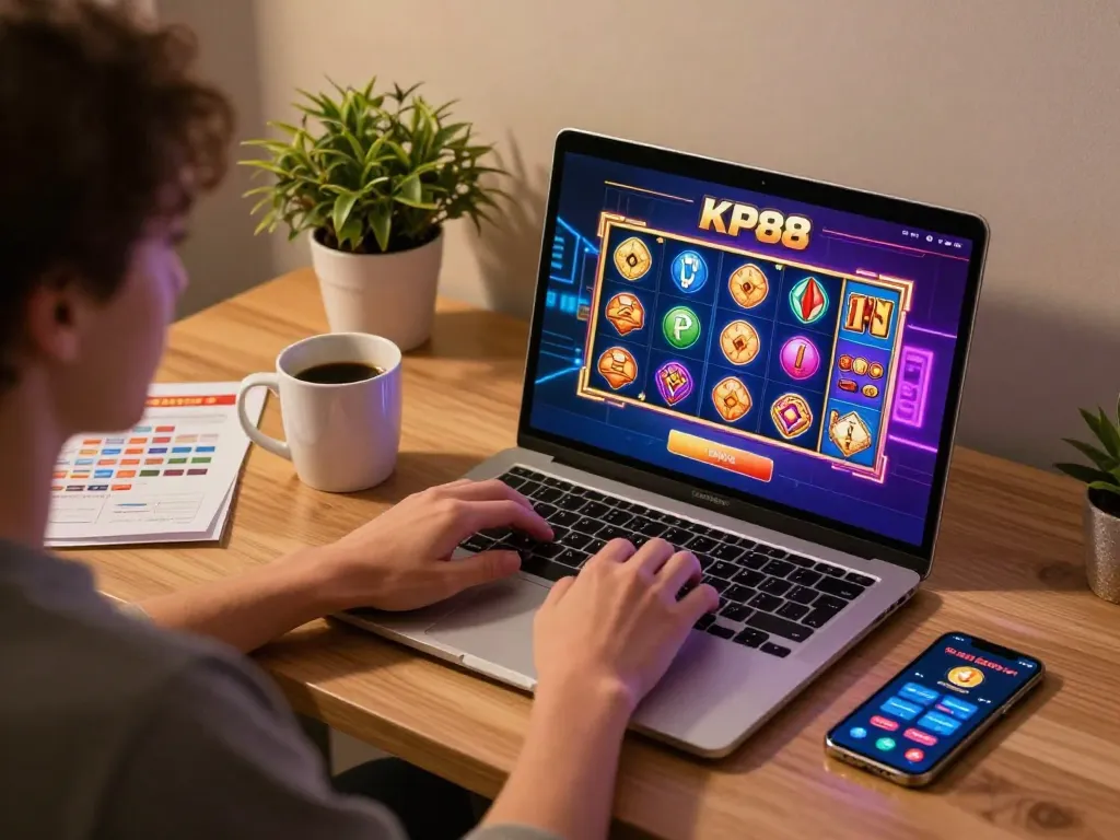 Player enjoying KP88 online casino gaming on a laptop, surrounded by coffee and strategy notes.