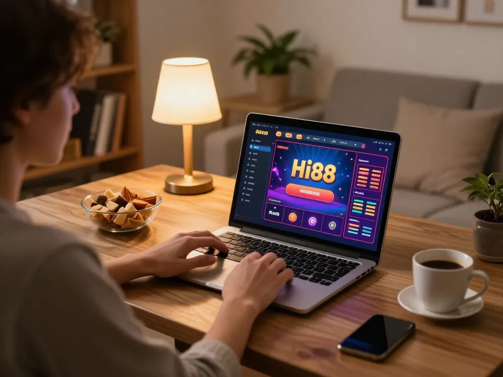 Player engaged in online gaming at hi88 casino, showcasing poker strategy in a cozy home setup.