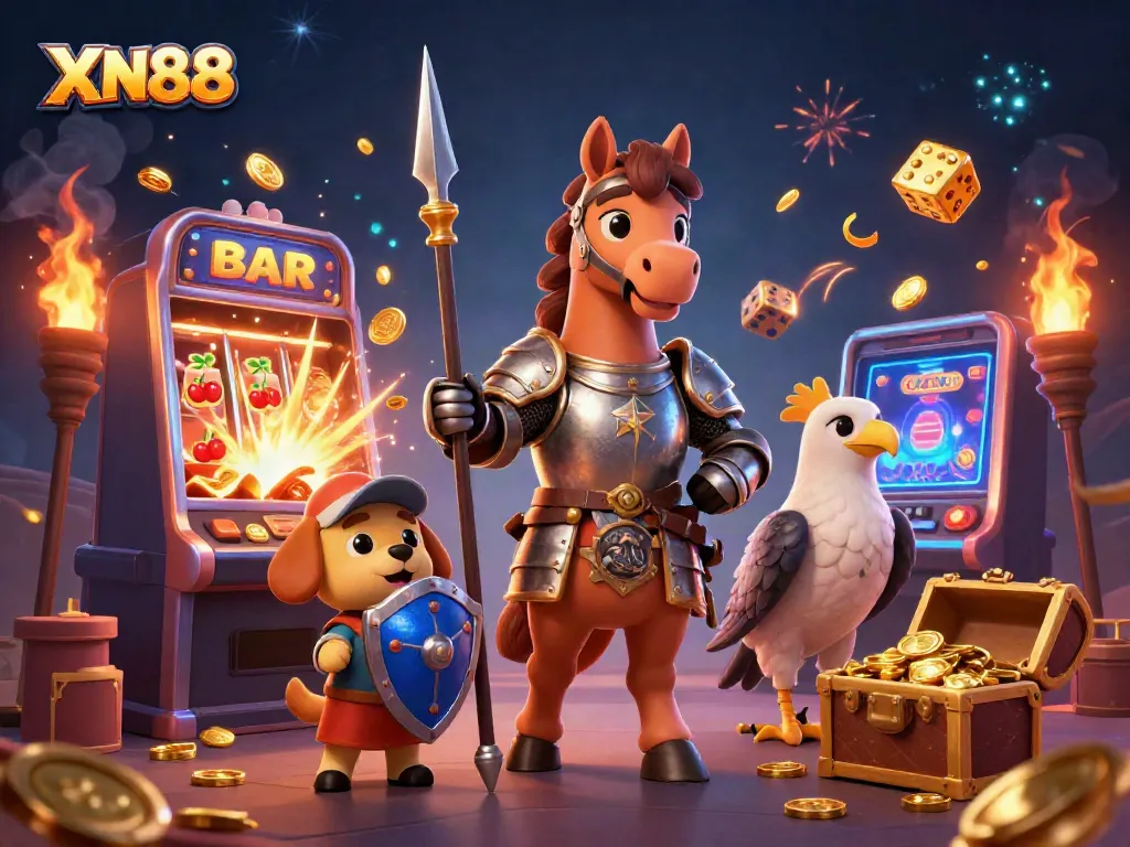 Experience thrilling wins at XN88 with jackpots bursting from slot machines, colorful symbols, and dynamic casino elements.