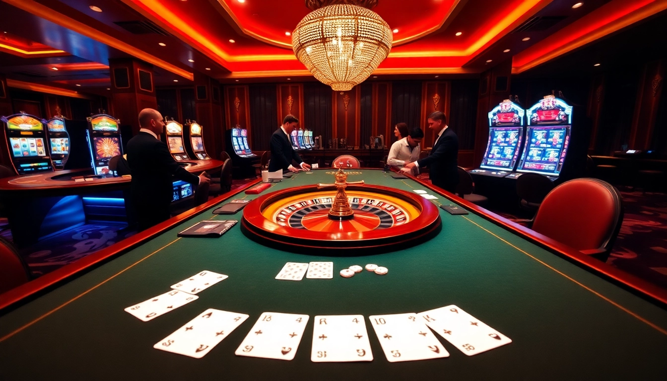 Engage with BL555's thrilling gameplay at an elegant casino table with vibrant slot machines.