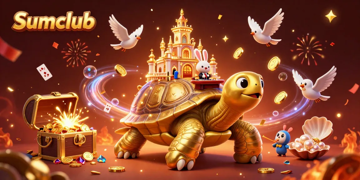 Engage in exciting gaming at Sumclub with a vibrant scene featuring a golden tortoise casino and lively betting characters.