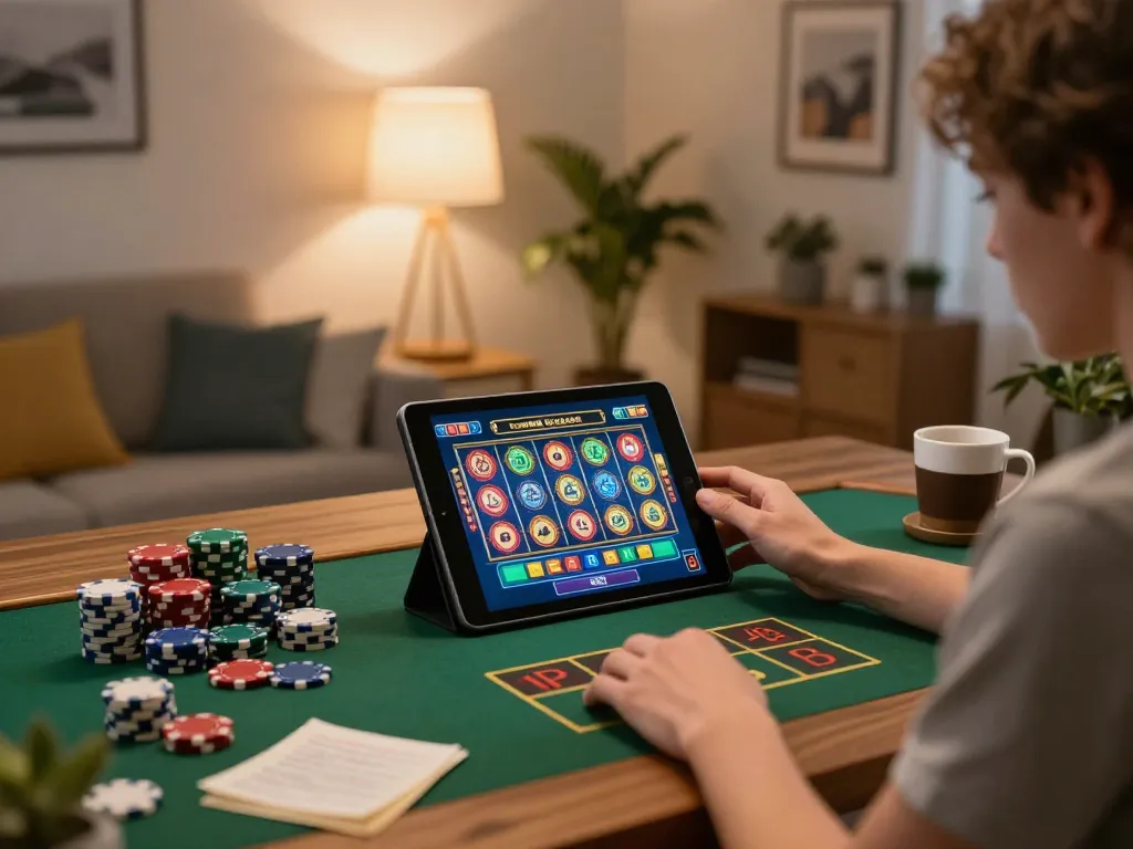 Player enjoying online slots at home using jun88 tablet, with cozy ambiance and betting notes.