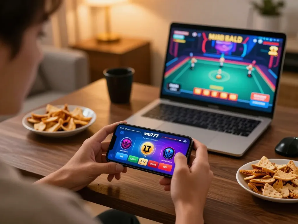 Berinteraksi dengan aplikasi kasino online vm777 dalam pengaturan permainan di rumah yang nyaman.
