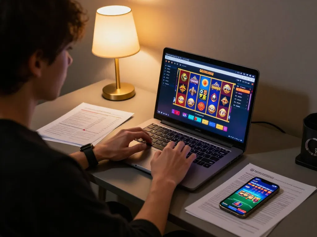 Menariknya adegan permainan online dengan seorang pemain menjelajahi penawaran slot vibran dari 66menang di laptop, menampilkan perjudian yang bertanggung jawab.