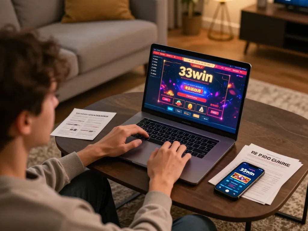Engaged player exploring 33win online casino on laptop in comfortable home setup