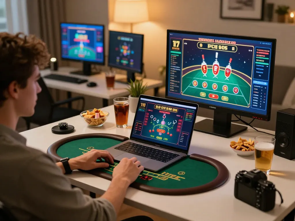Player engaging with okking's live dealer blackjack on a laptop in a cozy home office environment.