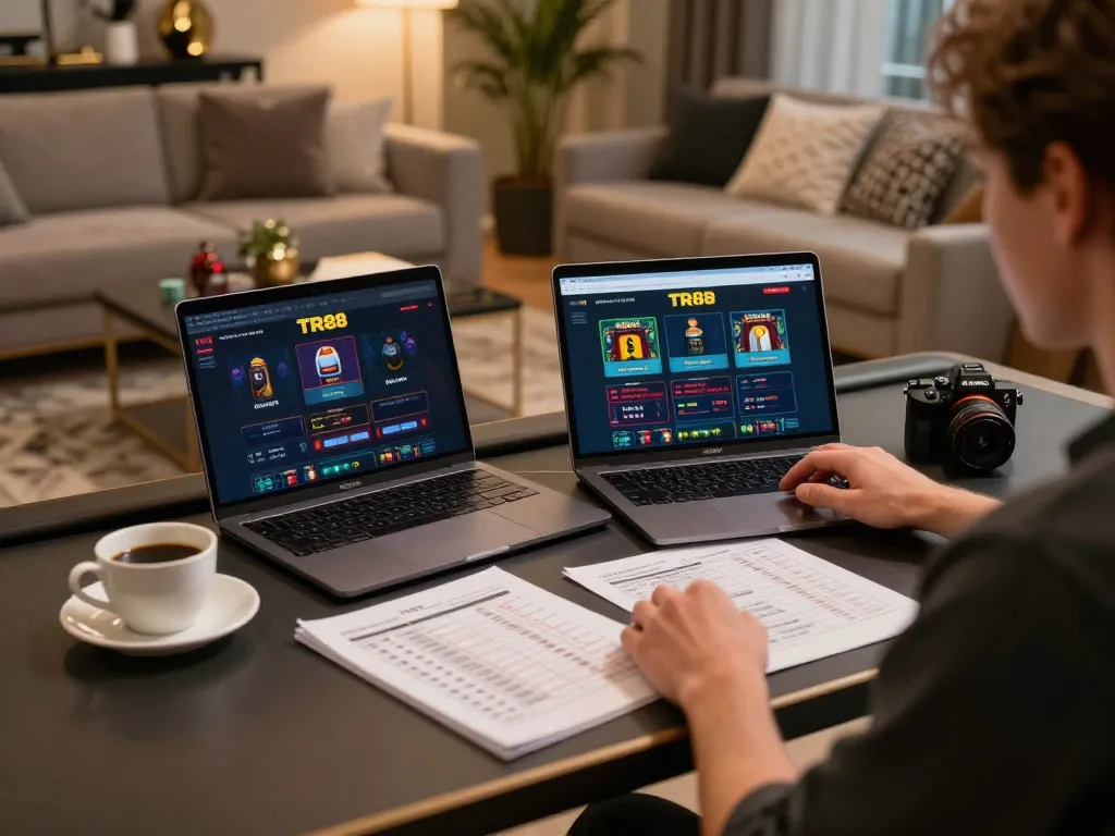 Engaging online gambling experience using TR88 while exploring strategic betting notes and home setup.