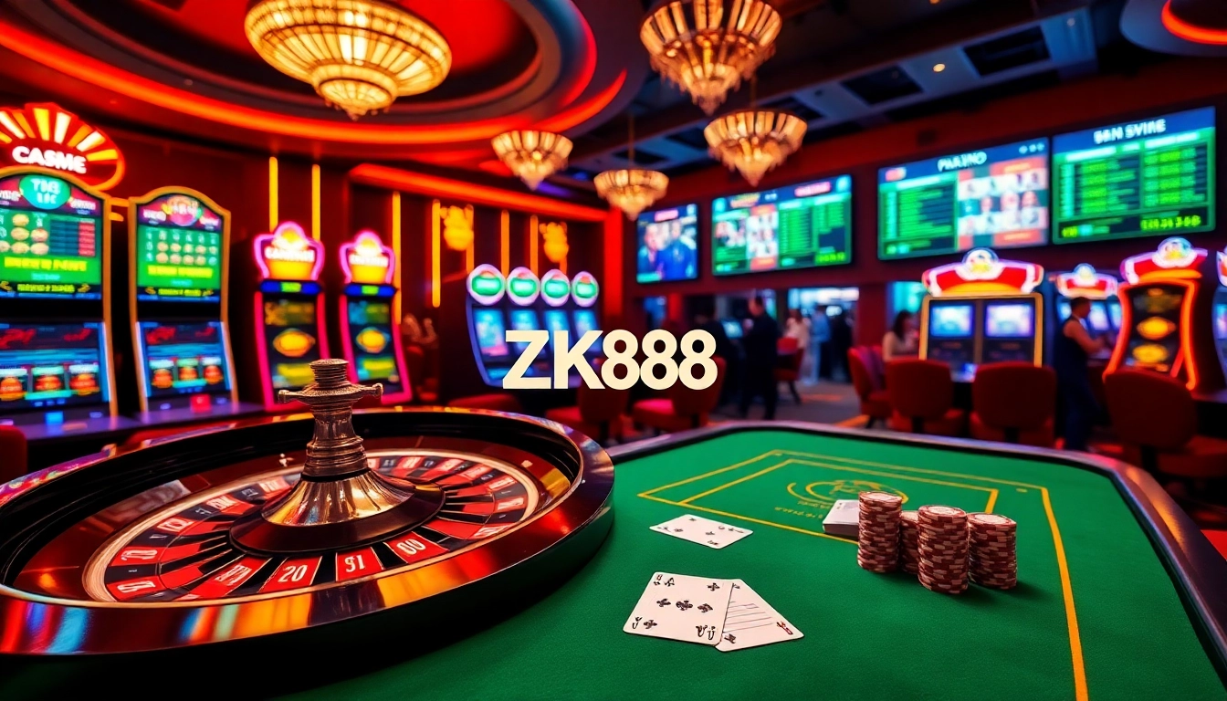ZK88 players enjoying high stakes excitement at a luxurious casino table with vibrant games.