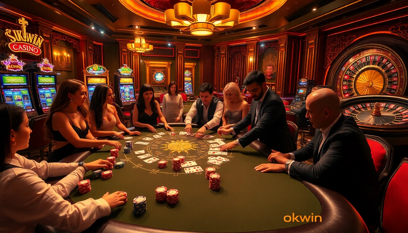 Exciting poker action at okwin's luxurious casino table with colorful chips and cards.