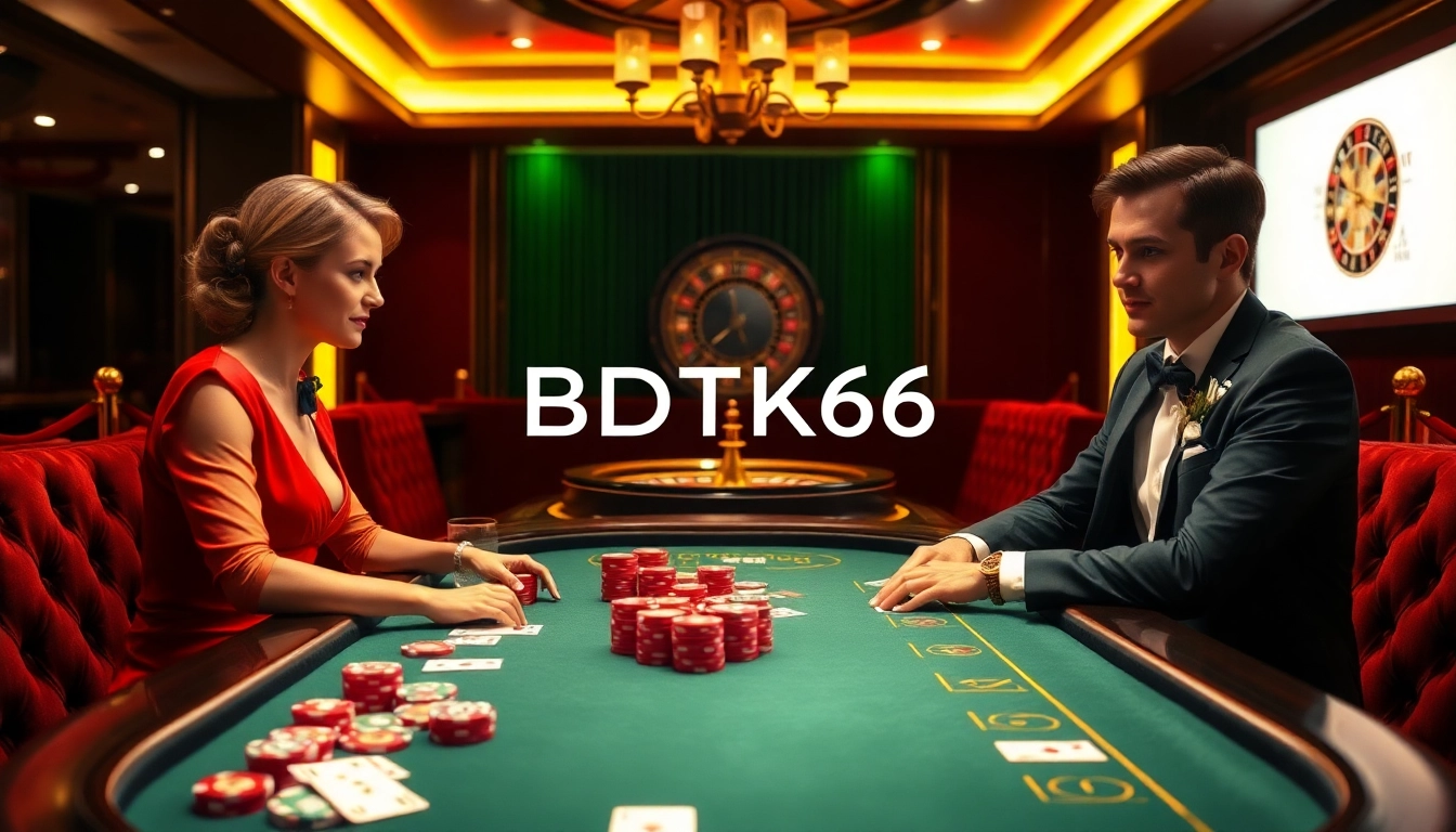 Engaging poker game scene with BDTK66 branding, featuring vibrant chips and elegant players.