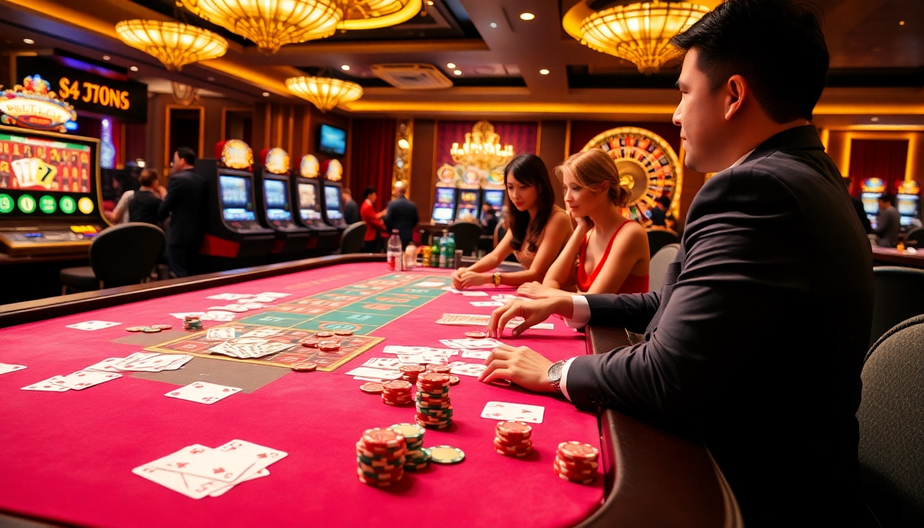 Engage in thrilling gameplay at the Vào Lưới TV casino table surrounded by vibrant cards and poker chips.