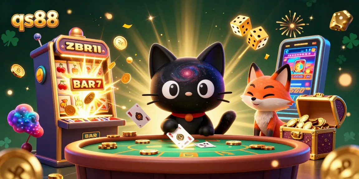 qs88 brings excitement with a cosmic casino scene featuring a black hole cat and nebula fox.