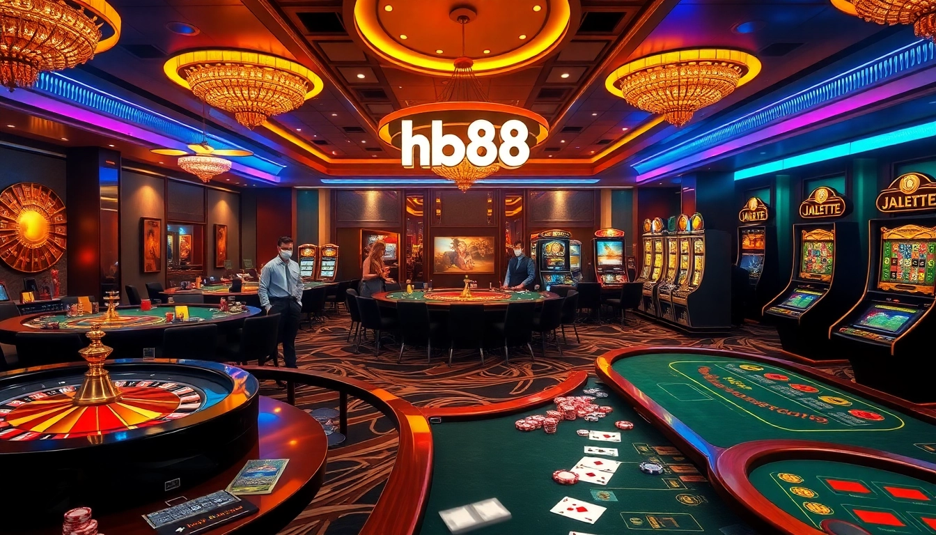 Excited gamblers strategizing at hb88 casino tables filled with chips and cards.