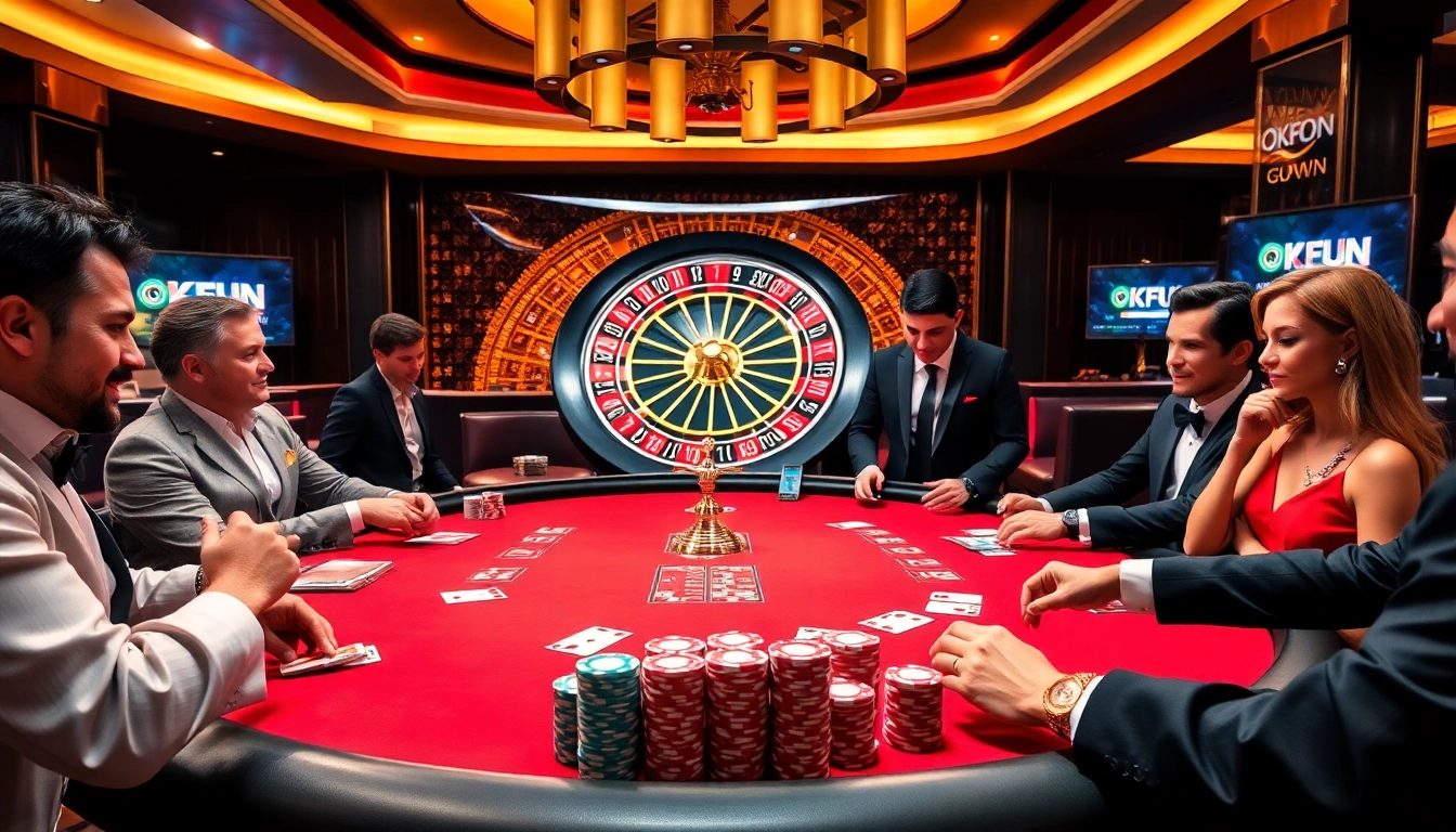 OKFUN players strategizing their next move at a luxurious casino table filled with vibrant poker chips.