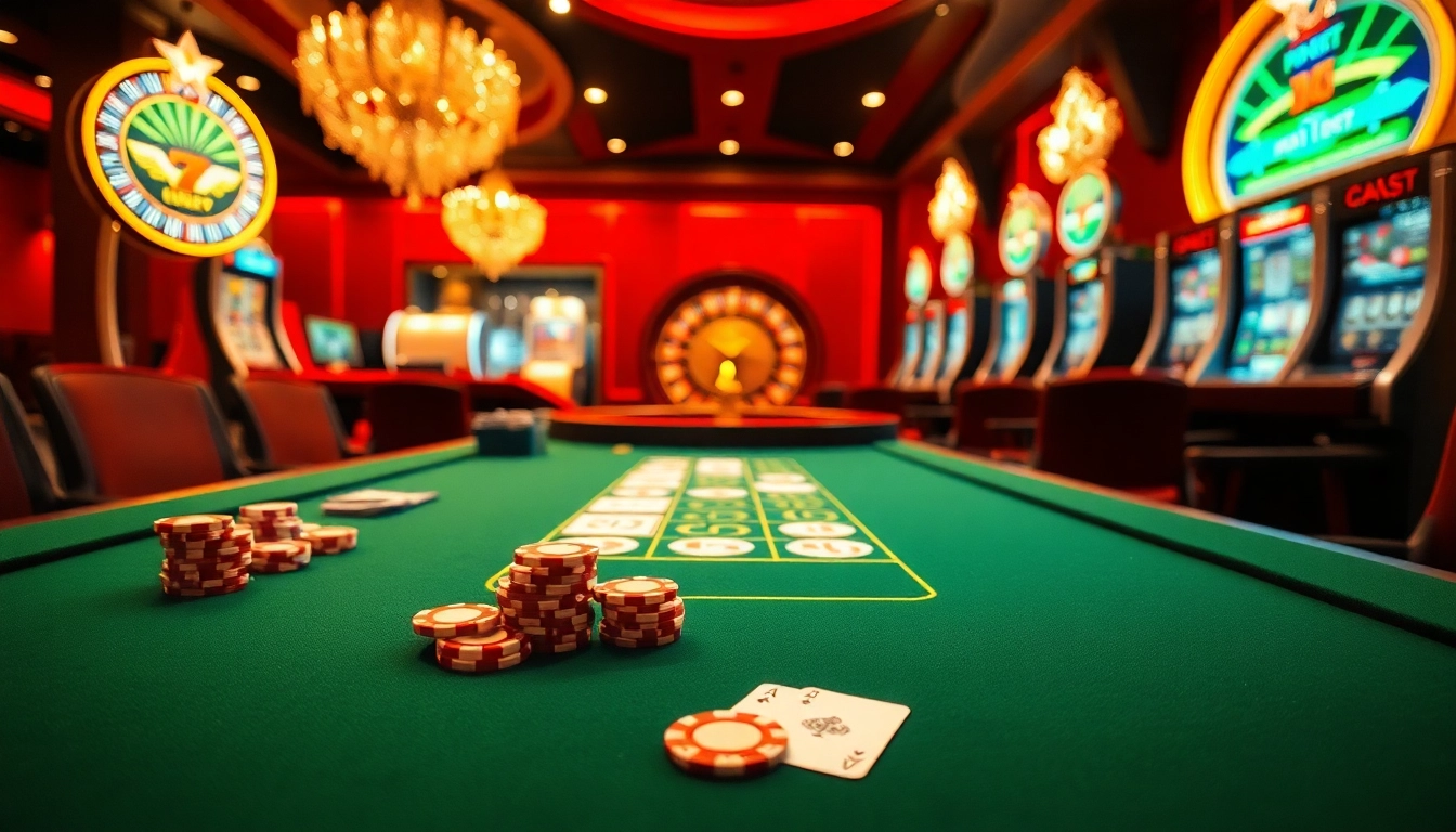 Engage with thrilling games at 77bet Casino, featuring poker tables and vibrant slot machines.