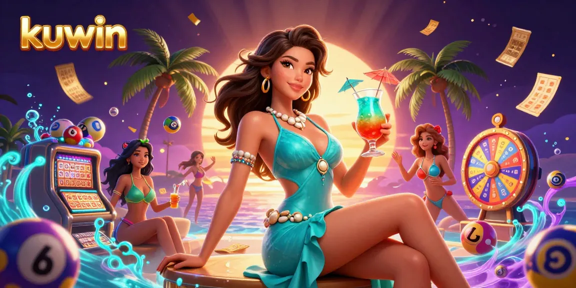 Engage in exhilarating kuwin gaming with vibrant casino elements and a stunning tropical backdrop.