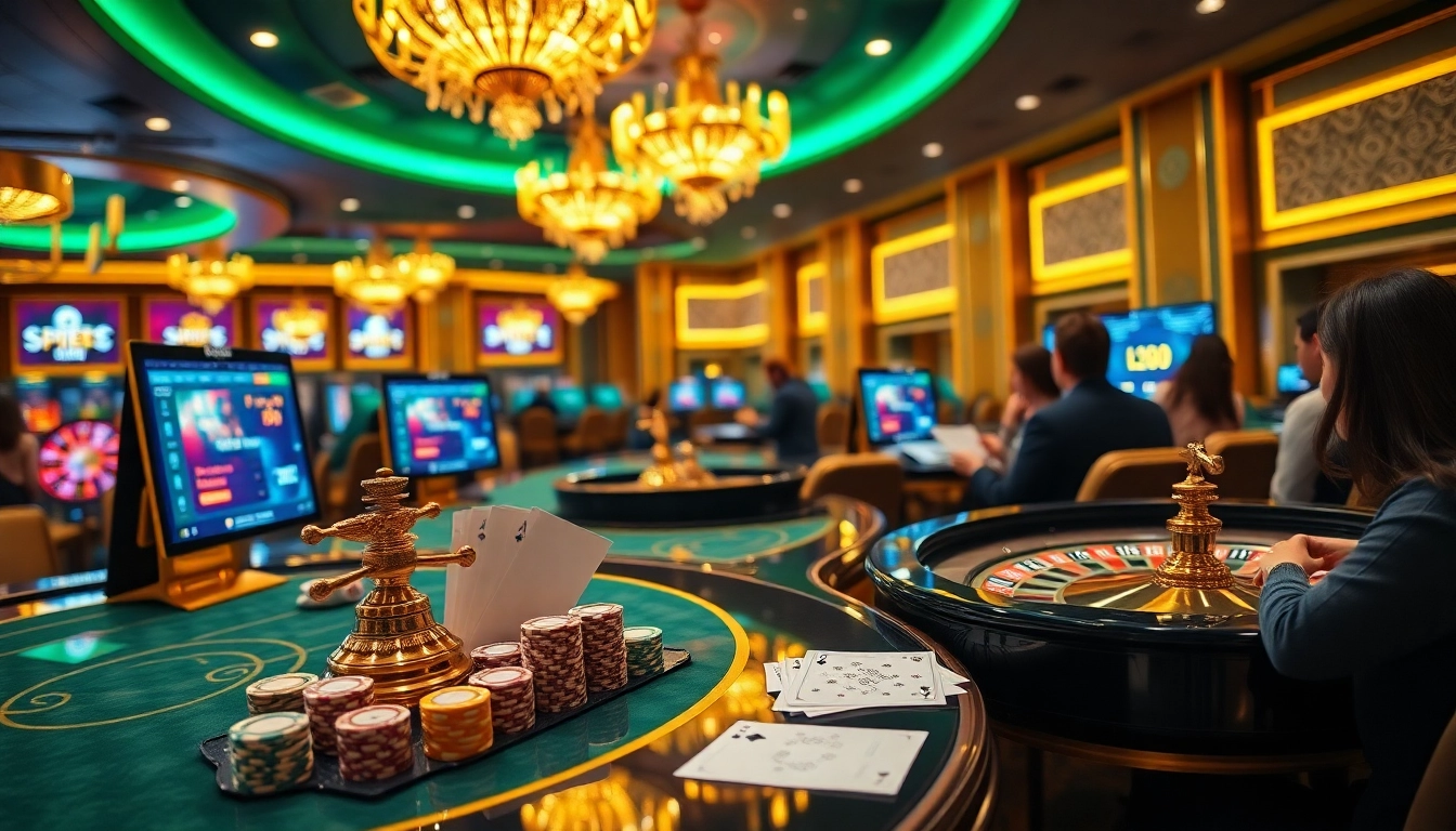 Betters enjoying the SP8BET online gambling platform, featuring vibrant casino elements.