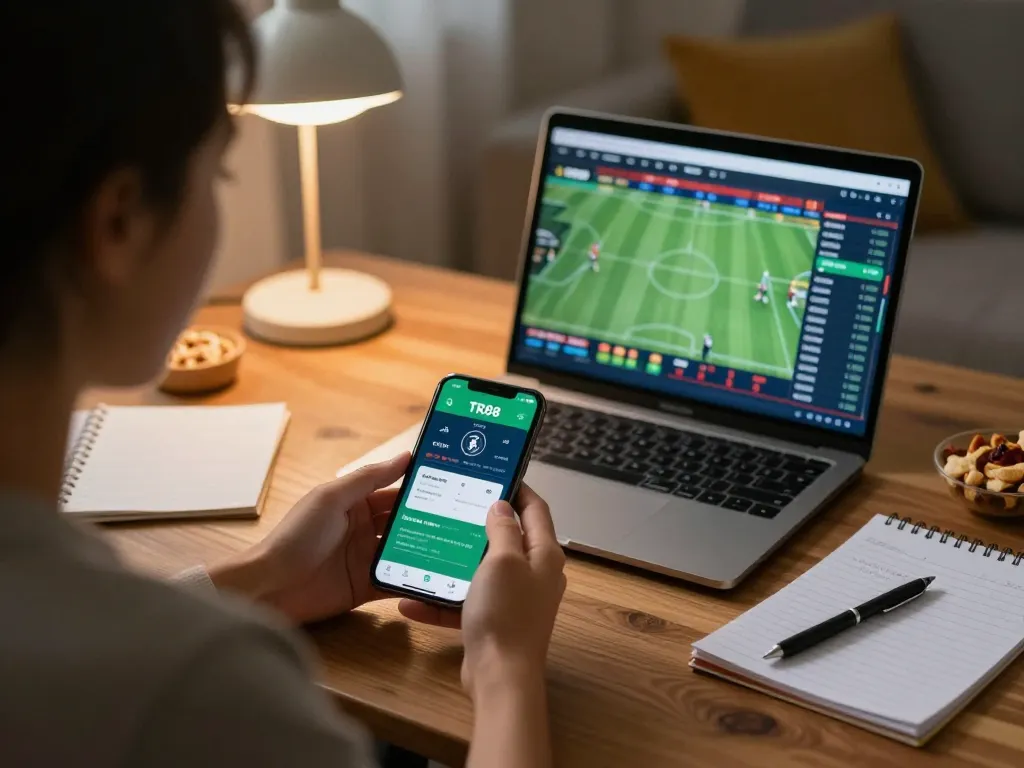 Engaging with the TR88 betting app on mobile while enjoying a cozy home setting.