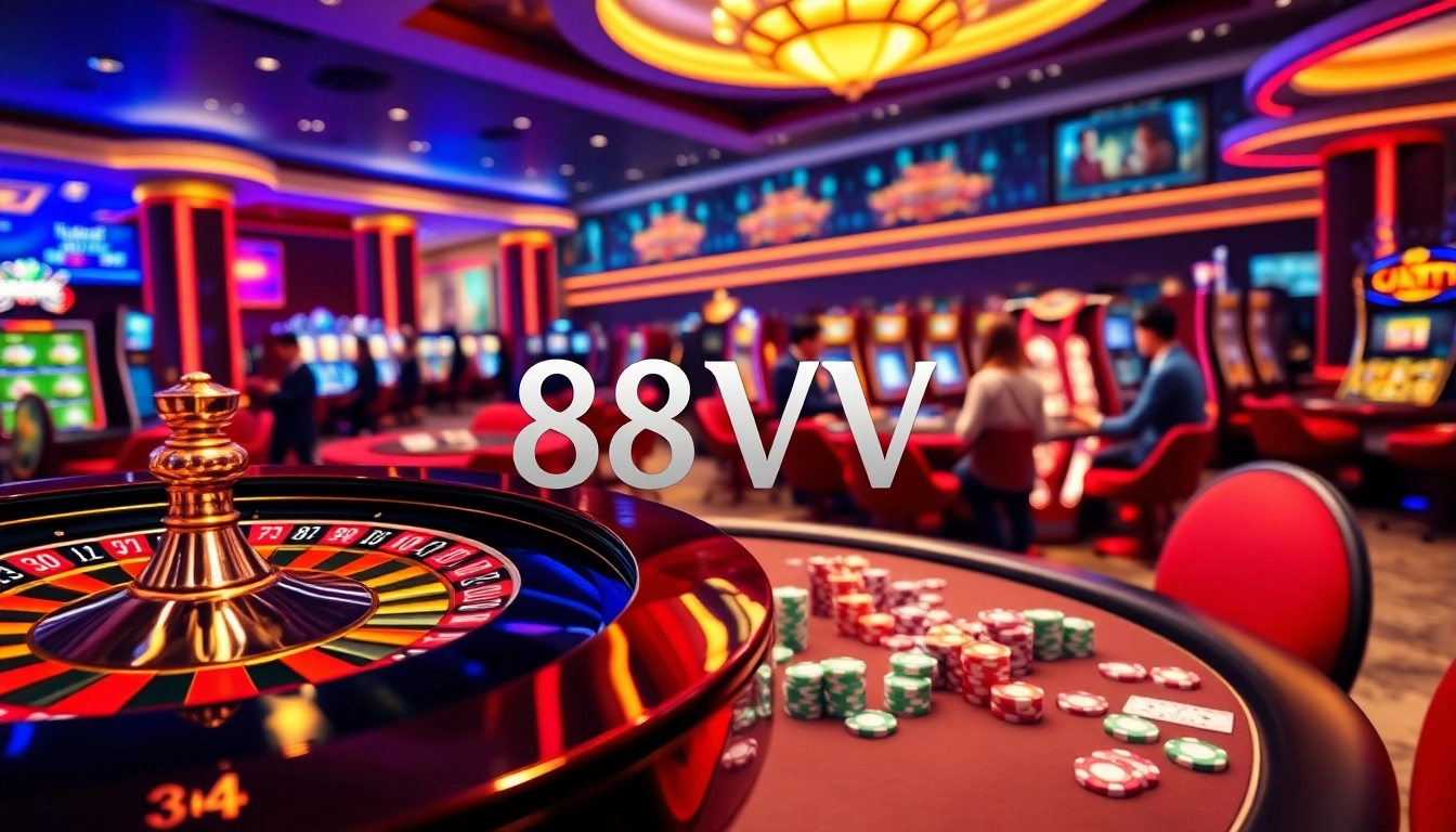 Players engaging with online gambling activities at 88vv, featuring poker chips and a roulette wheel.