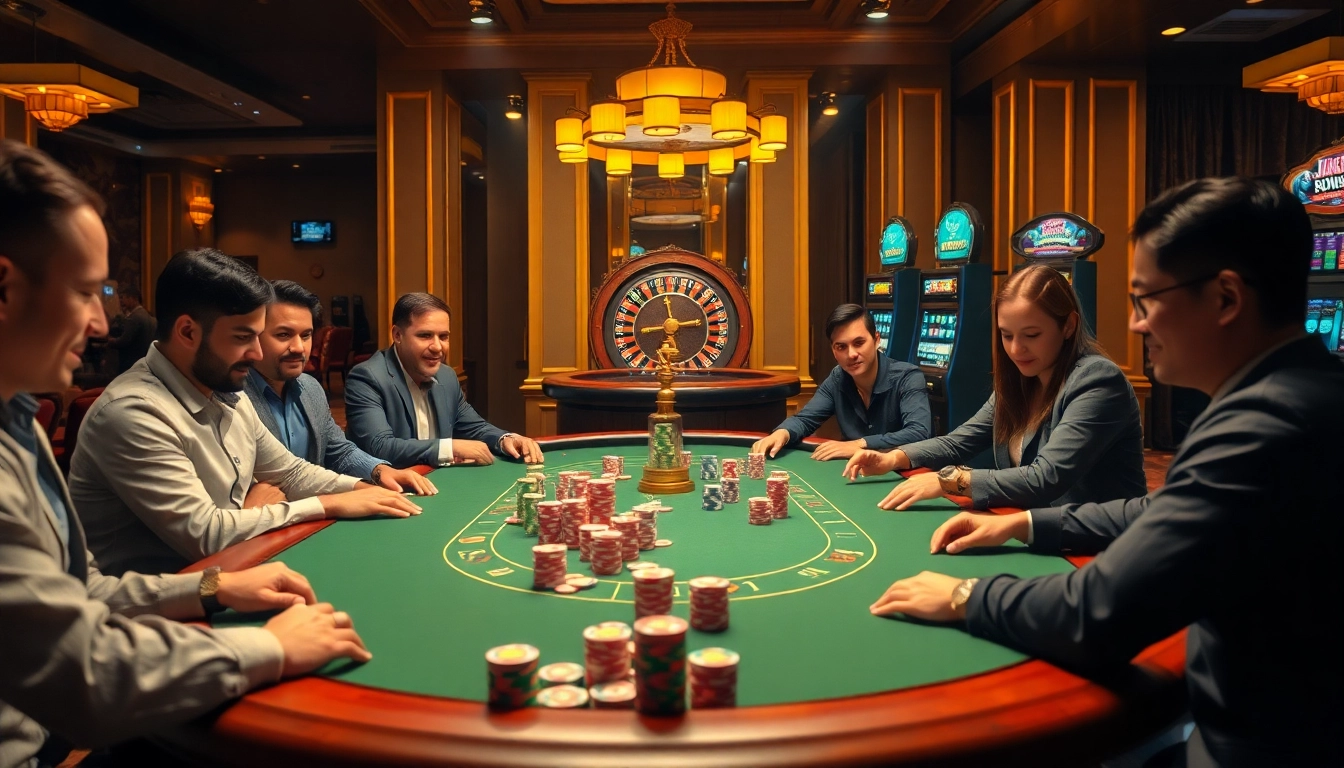 THABET casino table scene featuring players enjoying a poker game amid vibrant lights and ambiance.