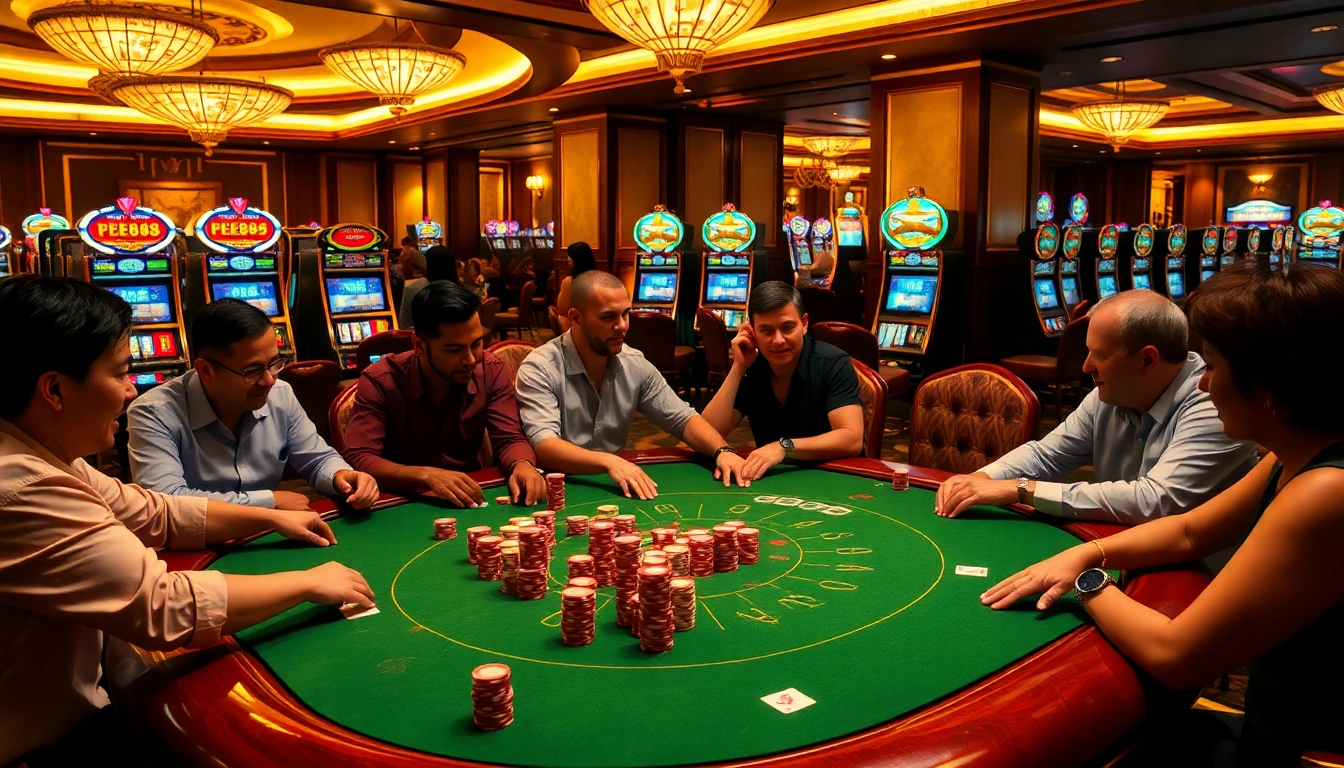 Experience the thrill of *ee88* with vibrant casino tables and excited players.