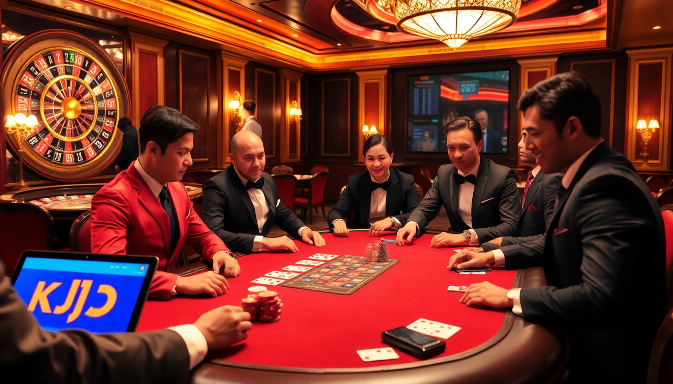 KJC players engaged in a thrilling high-stakes poker game at a luxurious casino table.