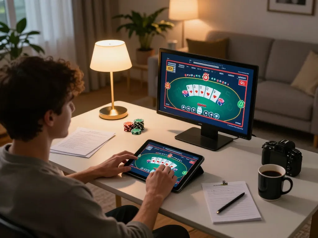 Player enjoying online casino action at home with XX88 poker game on tablet, capturing strategic gaming experience.