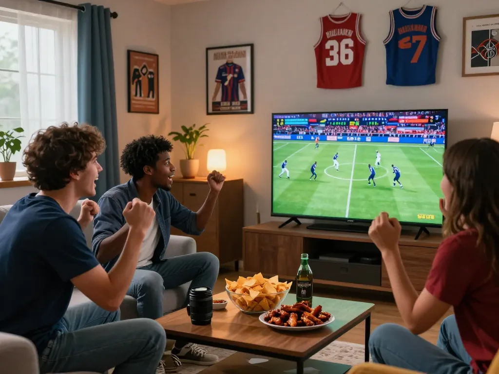 Fans enjoying a football match on Okwintv in a lively living room, creating an exciting atmosphere with snacks and team memorabilia.