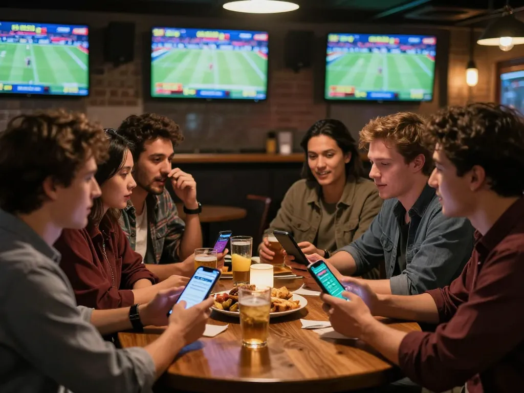 Friends engaged in sports betting excitement at a bar, showcasing emotional reactions and mobile app use with FC88 features.
