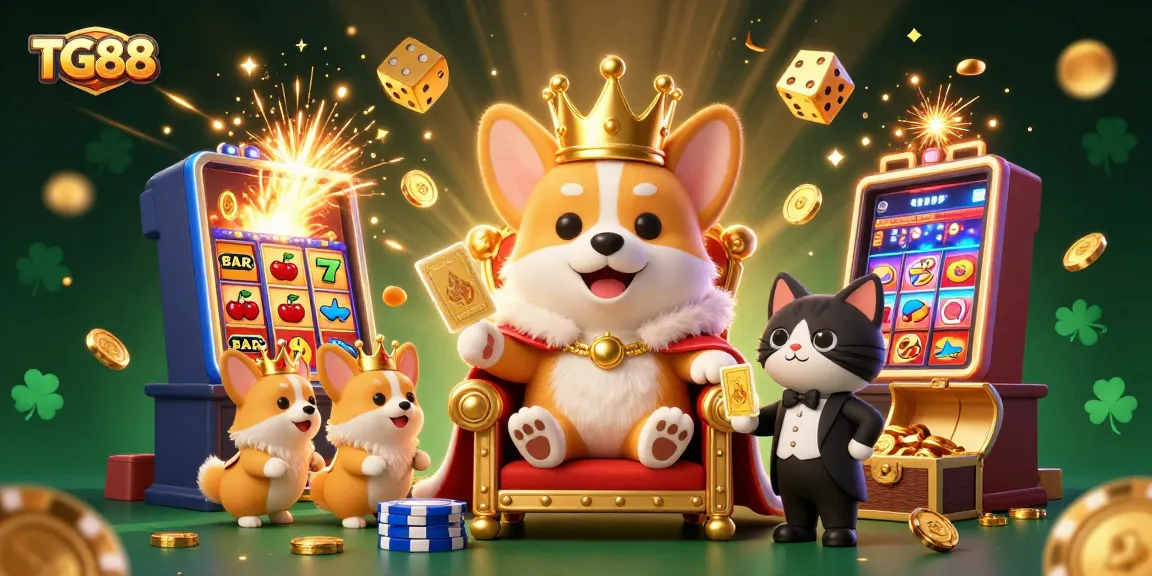 Experience the thrill of TG88 with a vibrant scene of a royal corgi on poker chips, celebrating casino wins.