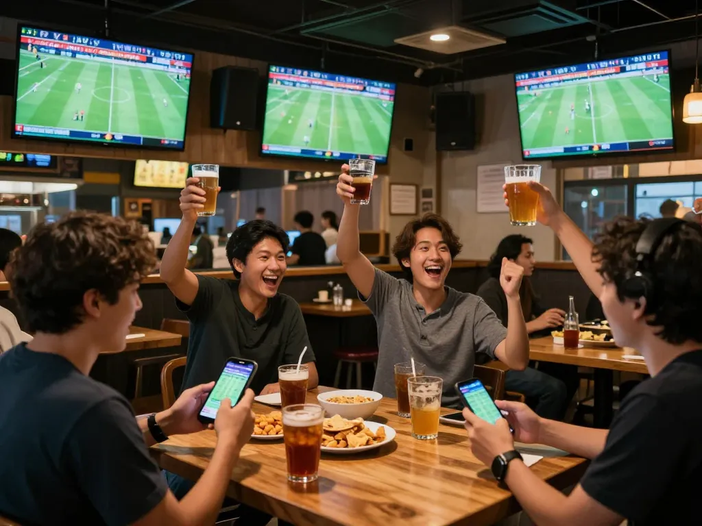 Kèo nhà cái hôm nay displayed on various screens in a lively sports bar as patrons engage in real-time betting.