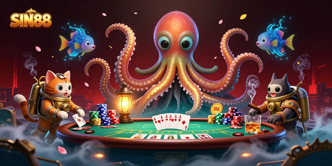 SIN88 captures an exciting casino scene with a kraken, diving cat, and vibrant poker elements.