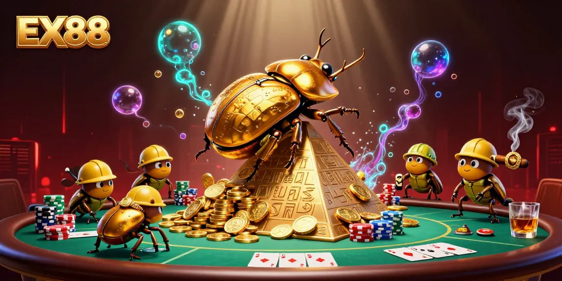 Join the excitement at EX88 with a vibrant casino-themed scene featuring golden beetles and poker elements.