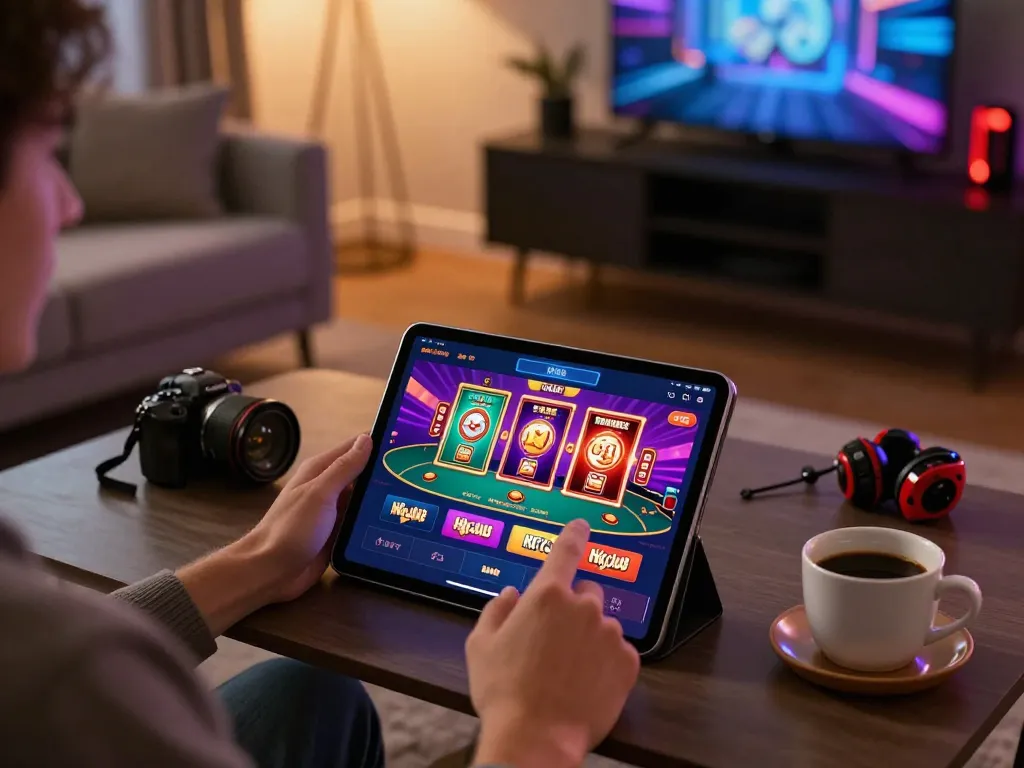 Engaging with the Hitclub app for online gaming in a cozy living room setting